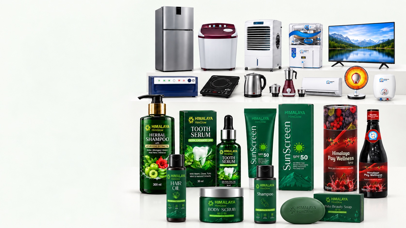 Catalog of Himalaya Trading electronics, home appliances, HimGlow personal care, and Pay Wellness Syrup
